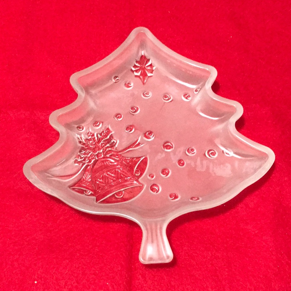 Celebrations Crystal Clear Frosted Christmas Tree Vintage Pressed Glass Dish